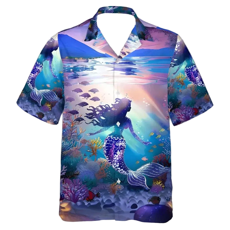 A short-sleeve button-up camp shirt featuring a vibrant mermaid and underwater reef print in shades of blue, purple, and pink, displayed on a clean white background.