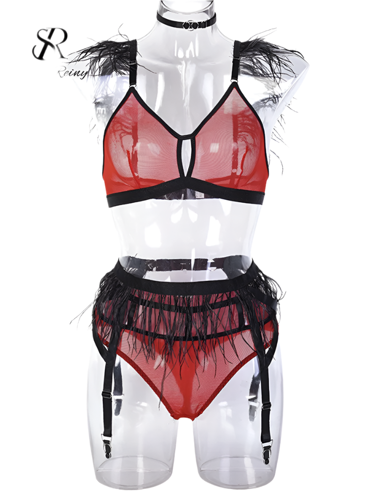 Three-piece sheer feather lingerie set with mesh shapewear design for resort evenings

