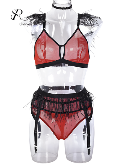 Three-piece sheer feather lingerie set with mesh shapewear design for resort evenings

