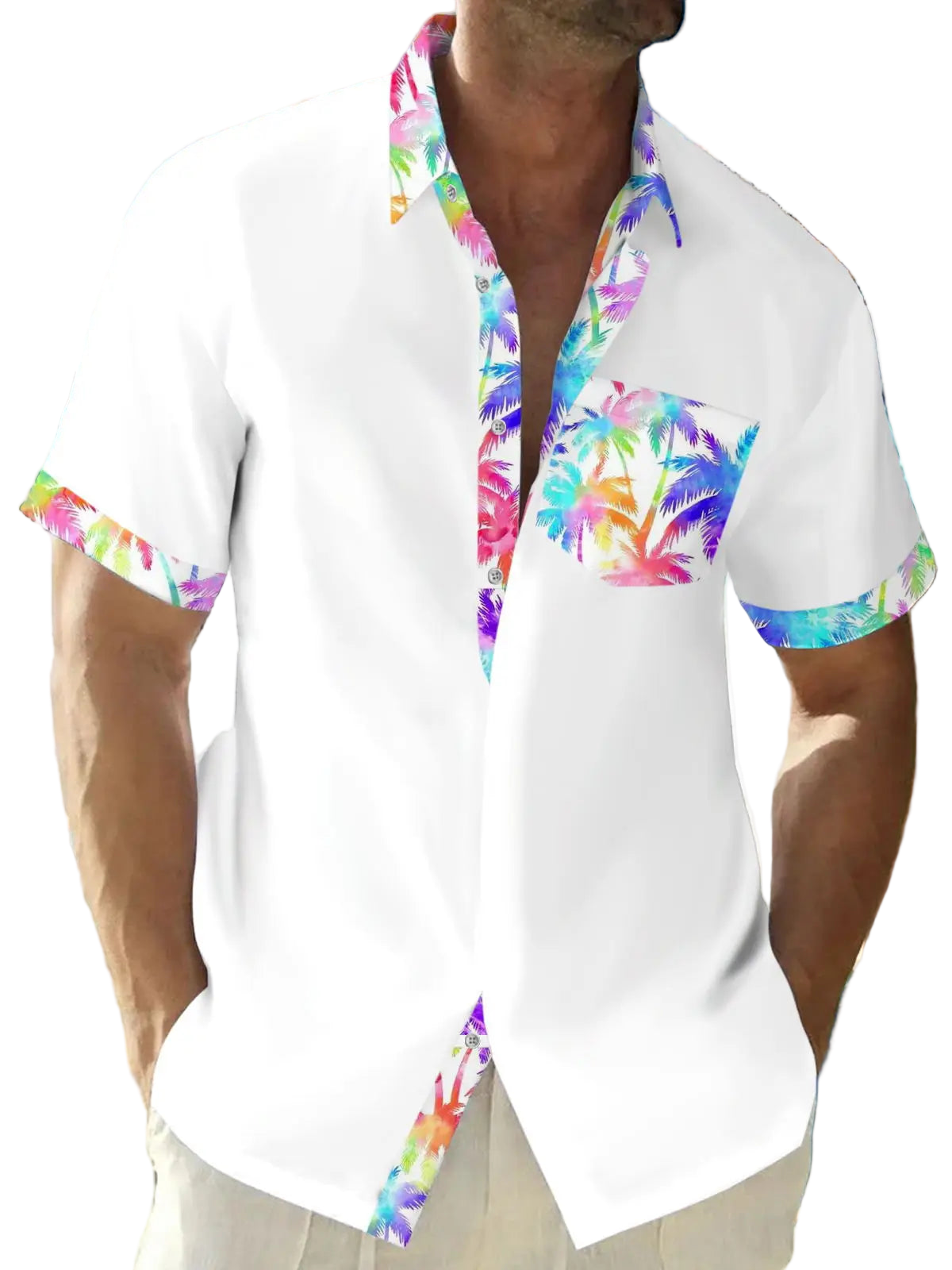 White shirt with colorful palm tree patterns on a beach background