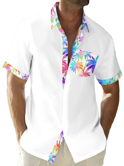 White shirt with colorful palm tree patterns on a beach background