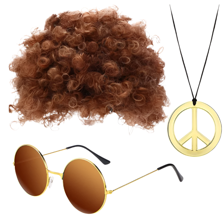 Brown Afro wig, gold round sunglasses, and peace sign necklace on a white background