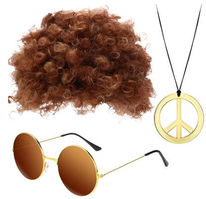 Brown Afro wig, gold round sunglasses, and peace sign necklace on a white background
