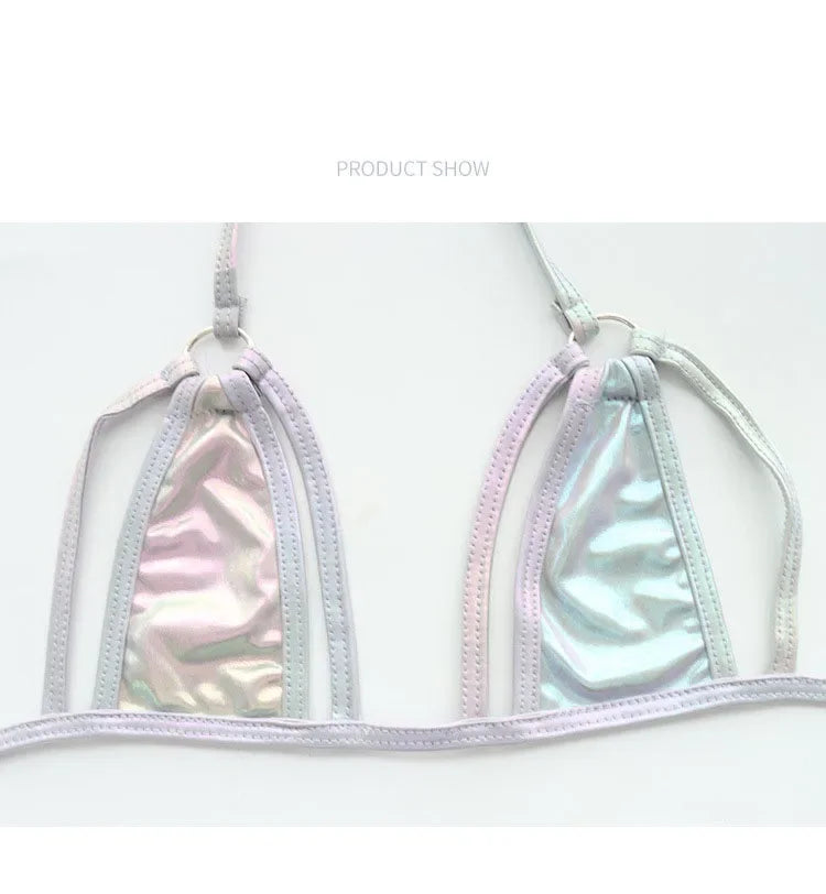 Summer Micro Bikini Set Women Swimwear Laser Holographic Halter Tops Bra Thong Bathing Suit Beachwear Brazilian Biquini