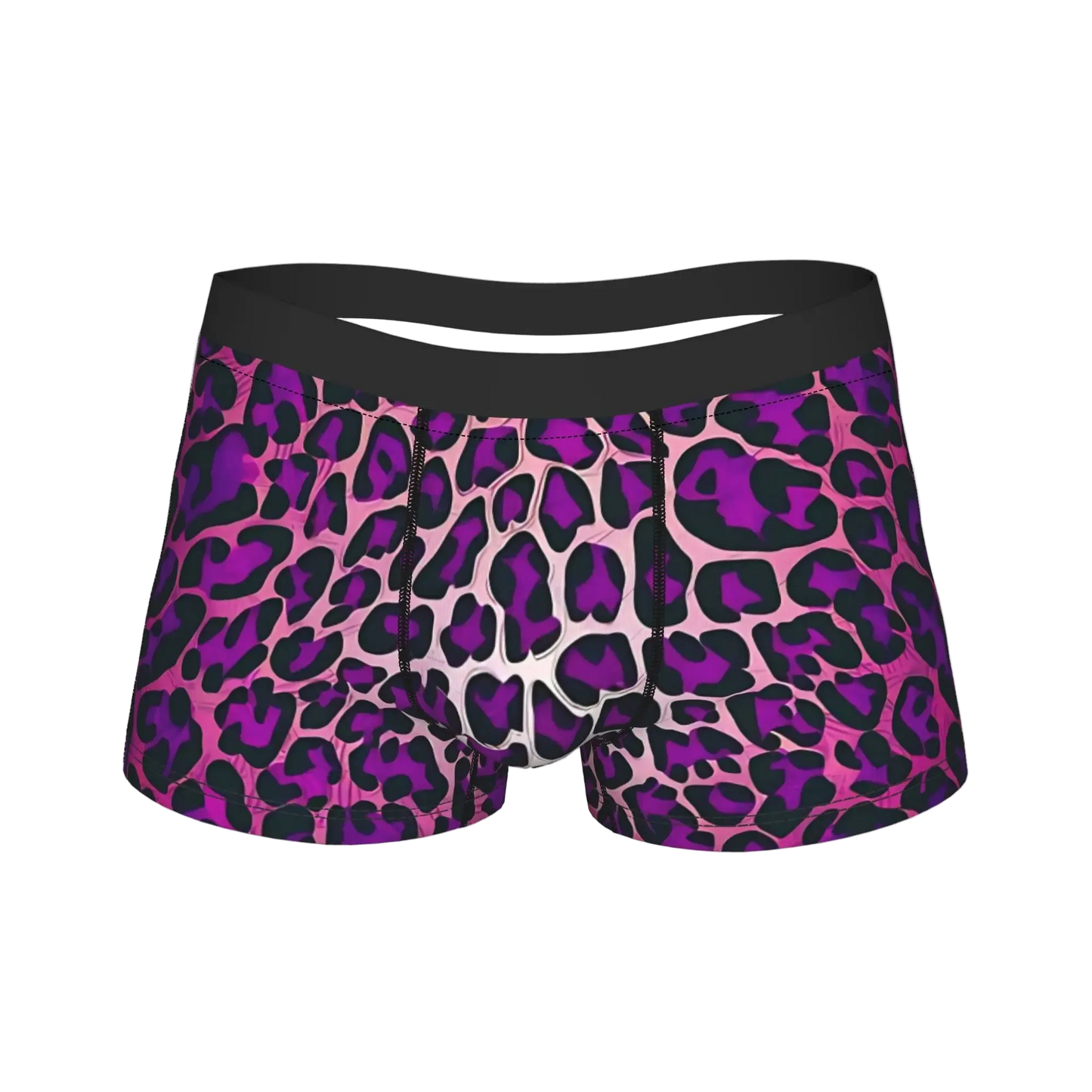 A pair of women's boxer briefs featuring a bold purple and black leopard print pattern over a light pink base, with a solid black waistband.