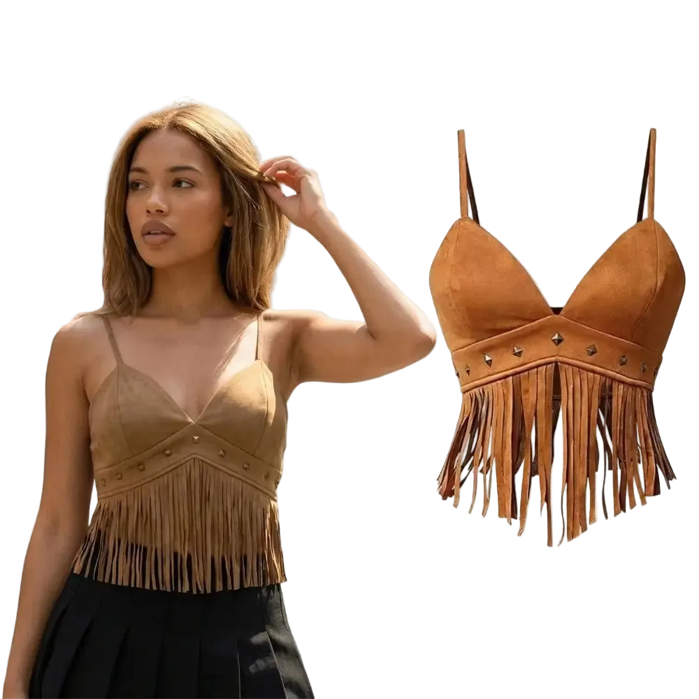 A woman models a tan suede-like fringe top on the left, with the same top shown as a standalone product shot on the right against a plain white background.