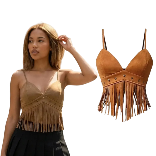 A woman models a tan suede-like fringe top on the left, with the same top shown as a standalone product shot on the right against a plain white background.