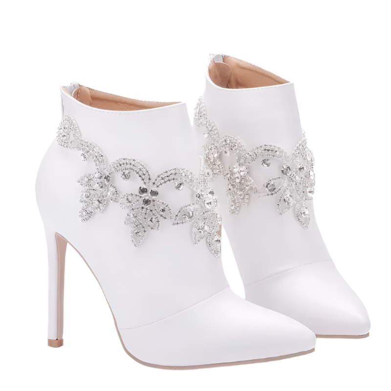 Elegant white ankle boots with rhinestone details and 11CM thin heel - perfect for resort evenings

