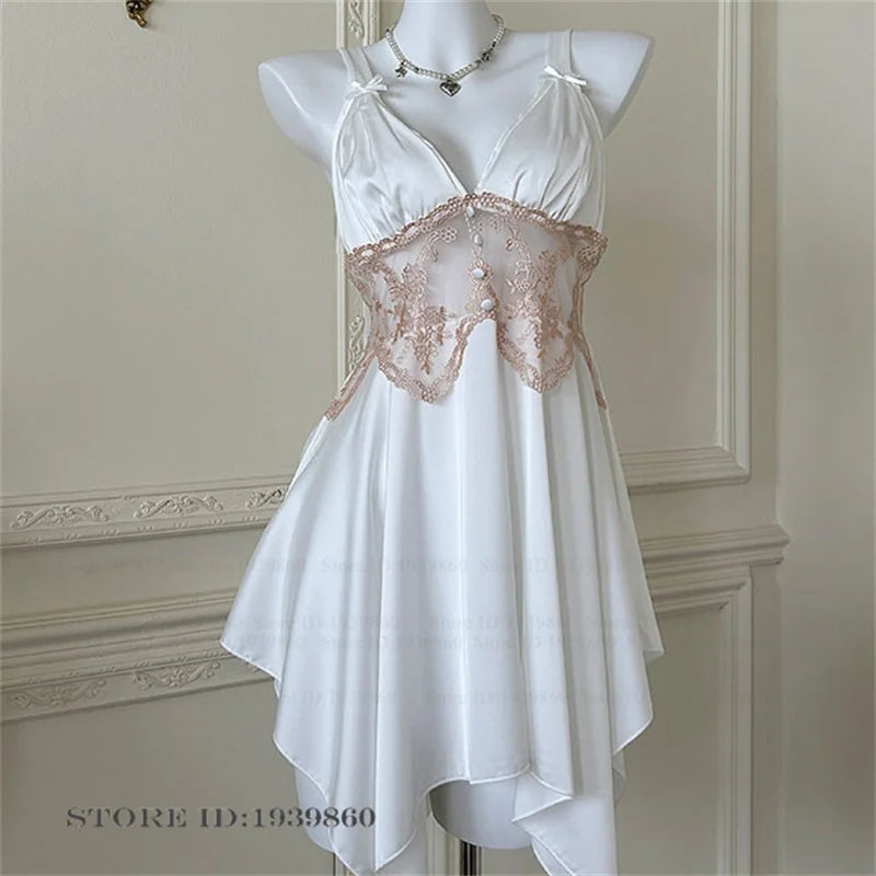 Sexy Women Lingerie Nightgown Chemise Sleepwear Patchwork Hollow Out Lace Nightdress Homeweae Summer Ice Silk Nightie Loungewear