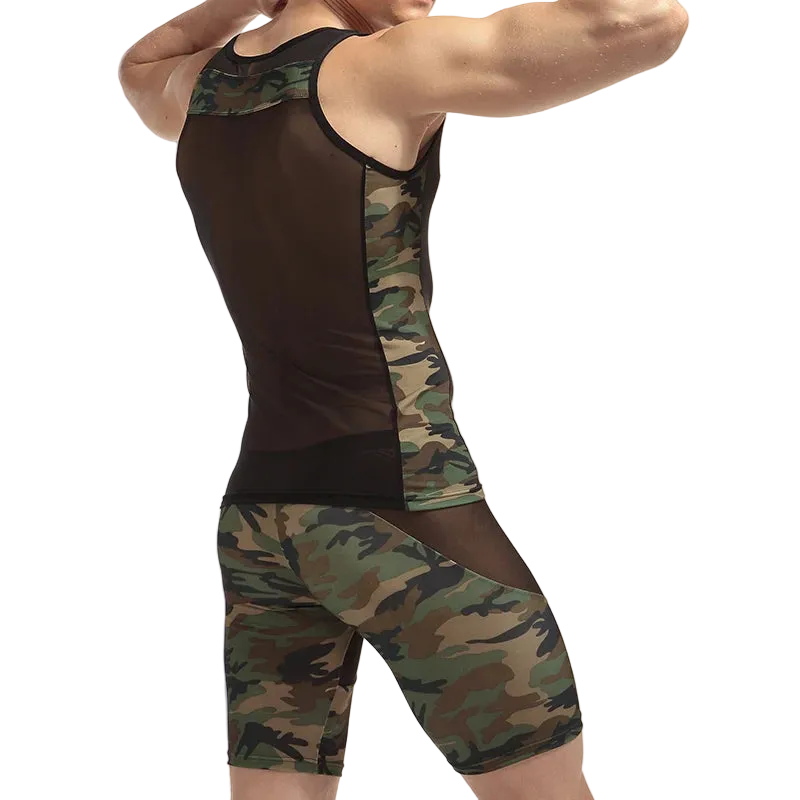 A man wearing a matching camouflage and mesh athletic tank top and shorts set, shown from a rear three-quarter angle against a plain white background.