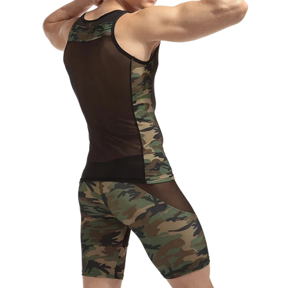 A man wearing a matching camouflage and mesh athletic tank top and shorts set, shown from a rear three-quarter angle against a plain white background.