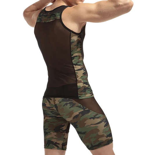 A man wearing a matching camouflage and mesh athletic tank top and shorts set, shown from a rear three-quarter angle against a plain white background.
