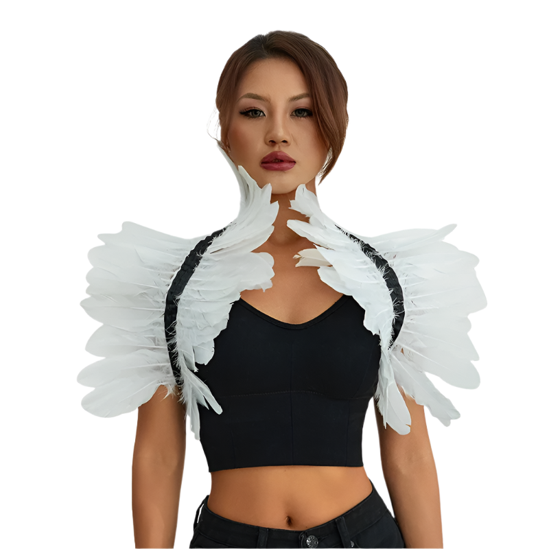  Feather Shoulder Piece: A vibrant feather shoulder piece displayed on a mannequin, with black accents and a striking, textured design.