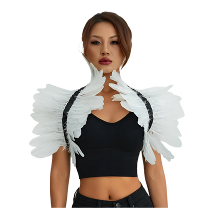  Feather Shoulder Piece: A vibrant feather shoulder piece displayed on a mannequin, with black accents and a striking, textured design.