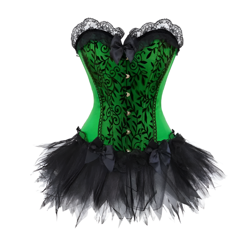 Green corset tutu dress with lace details for plus size burlesque performances
