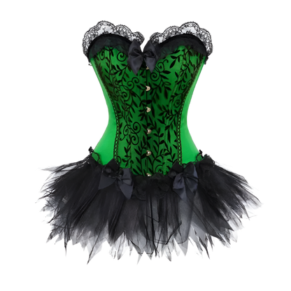 Green corset tutu dress with lace details for plus size burlesque performances
