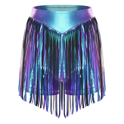 Women Iridescent Metallic Hot Pants with Fringed High Waist Tassel Skirted Shorts Cheeky Shorts Stage Dance Jazz Rock Clubwear