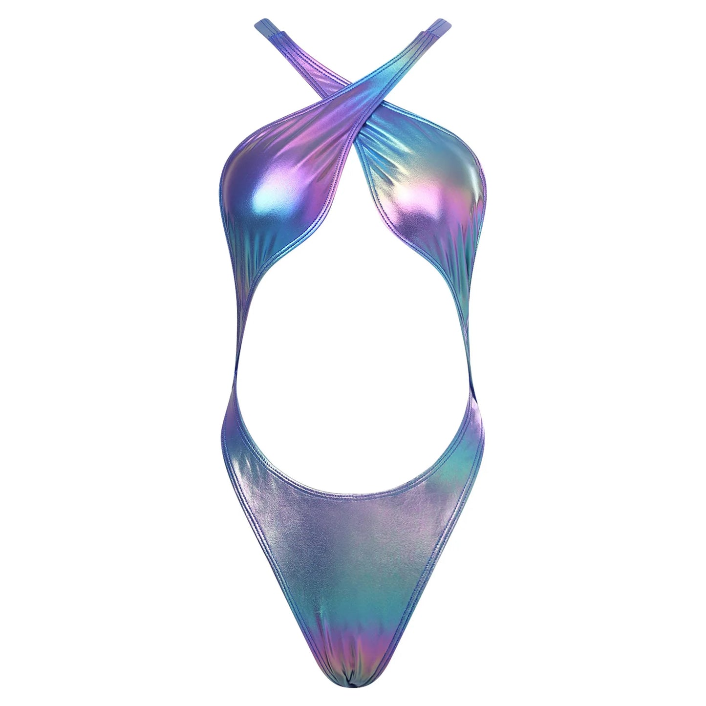 Womens Holographic One-Piece Monokini Bikini Swimsuit Beachwear Halter Cross Back Cutout High Cut Backless Bodysuit Swimwear