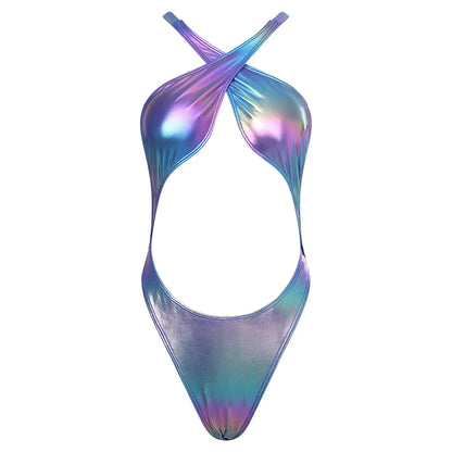 Womens Holographic One-Piece Monokini Bikini Swimsuit Beachwear Halter Cross Back Cutout High Cut Backless Bodysuit Swimwear