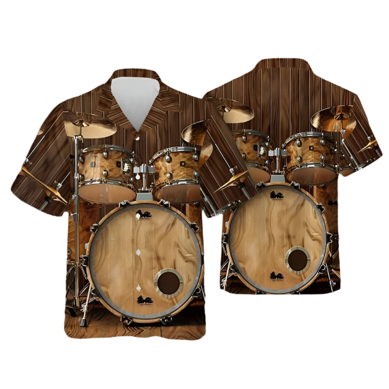 Wooden drum set with a shirt design featuring the same pattern on a plain background