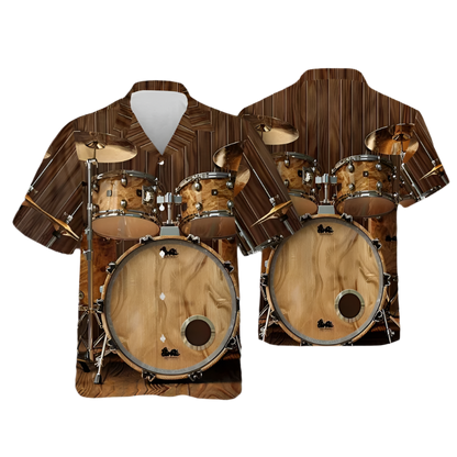 Wooden drum set with a shirt design featuring the same pattern on a plain background