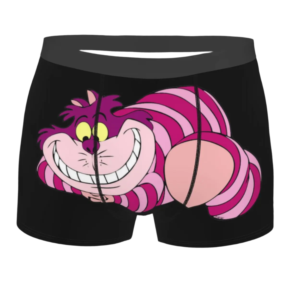 boxer shorts featuring the Cheshire Cat design from Alice in Wonderland, with glowing turquoise eyes and distinctive grinning teeth illuminated against a dark background.