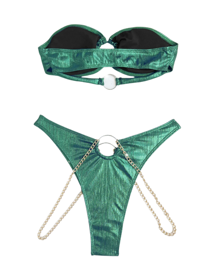 Metallic green bikini with chain details and ring accents