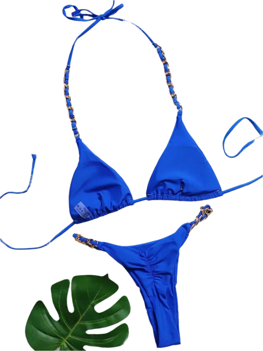 Blue Bikini with Gold Chain: A shiny blue bikini set embellished with gold chain straps, creating a luxurious and stylish appearance.

