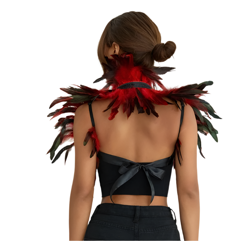 Red Feather Shoulder Piece: A vibrant red feather shoulder piece displayed on a mannequin, with black accents and a striking, textured design.v