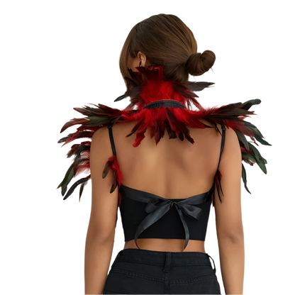 Red Feather Shoulder Piece: A vibrant red feather shoulder piece displayed on a mannequin, with black accents and a striking, textured design.v