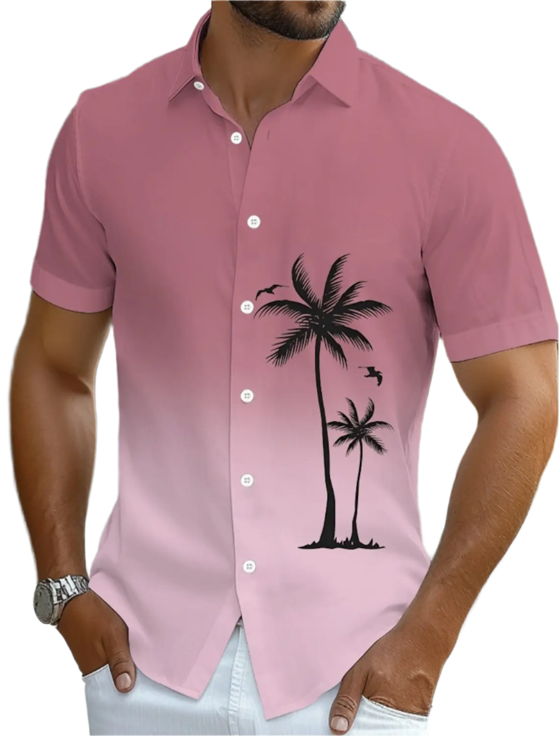 Pink shirt with palm tree design worn by a person, blurred background