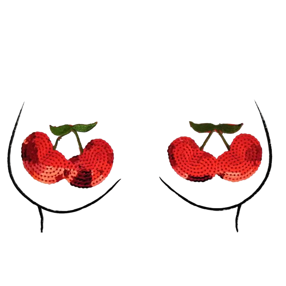 Red sequin cherries with green stems on a white background