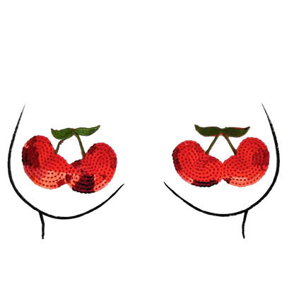 Red sequin cherries with green stems on a white background