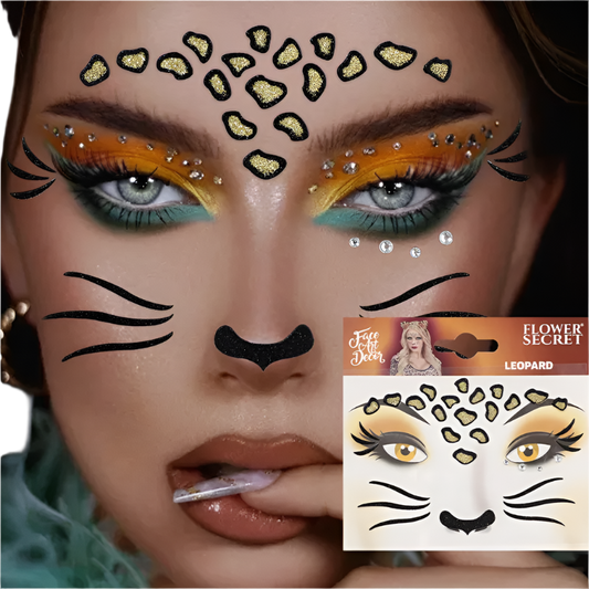 Glitter face art stickers featuring leopard and butterfly designs for resort theme nights

