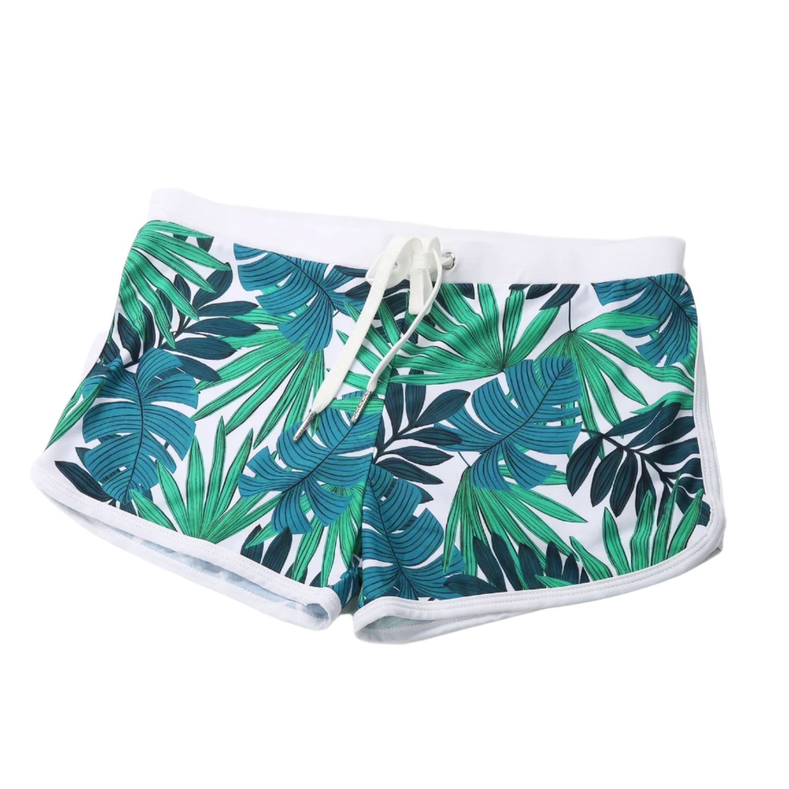 Blue and green leaf-patterned swim shorts with a white waistband.