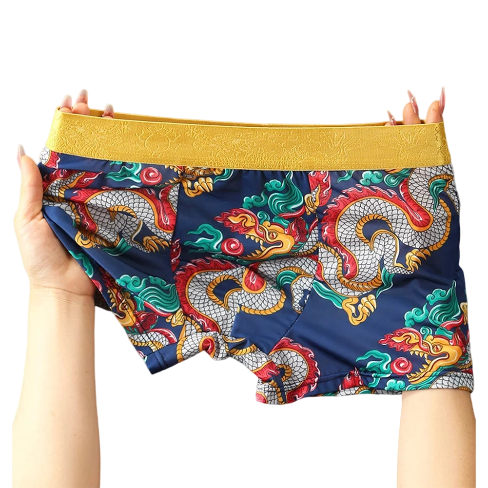 Colorful dragon-patterned shorts held up against a white background