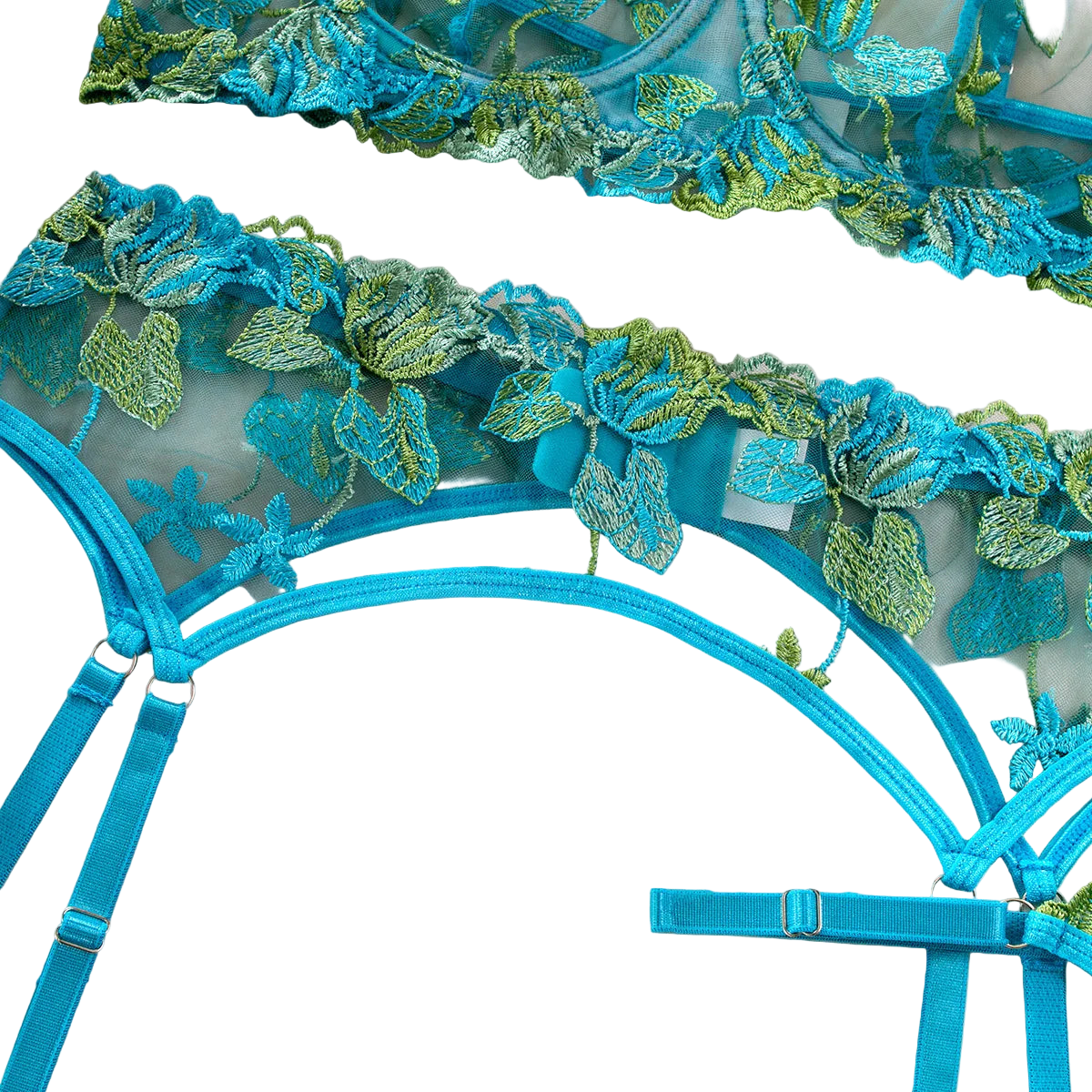 Blue lace corset with floral details on a white background