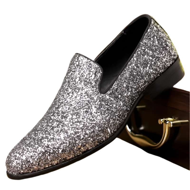 Gold and silver sequin designer loafers with slip-on design for resort formal events

