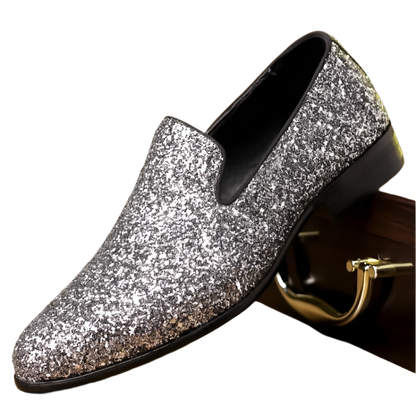 Gold and silver sequin designer loafers with slip-on design for resort formal events

