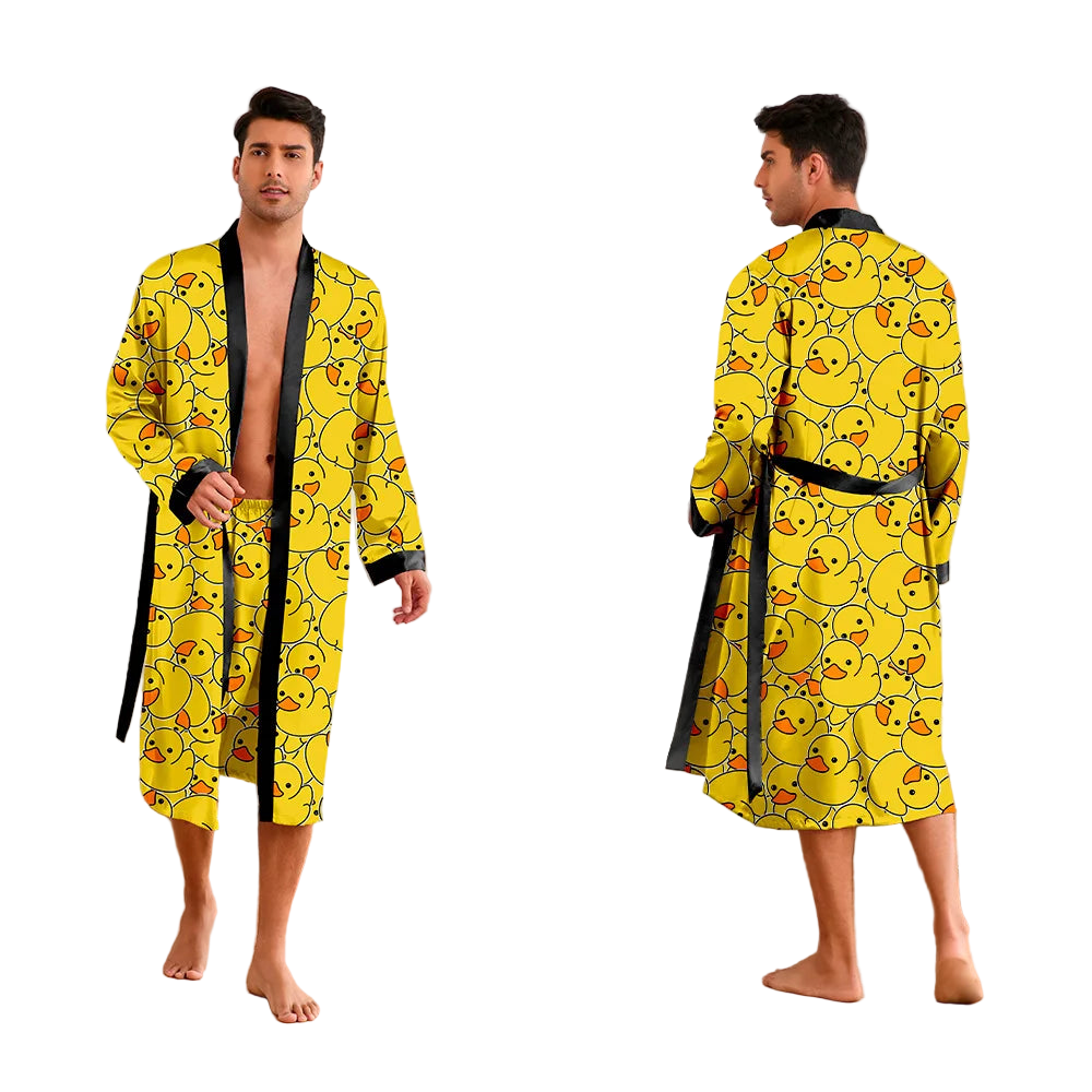 Man wearing a yellow rubber duck patterned robe in a living room.