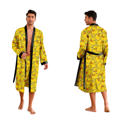Man wearing a yellow rubber duck patterned robe in a living room.