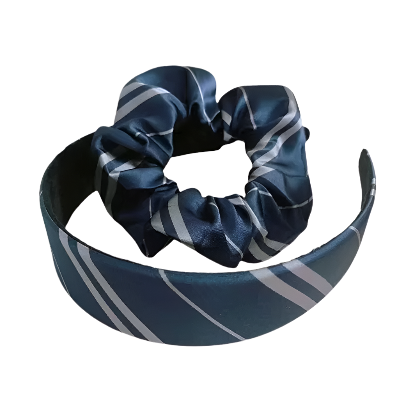 Navy and gray striped headband with matching scrunchie on a white background