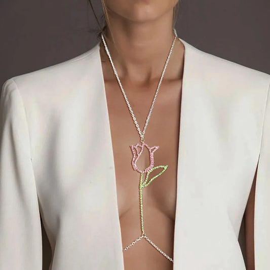 Rhinestone Rose Body Chain for Women | Floral Chest Jewelry