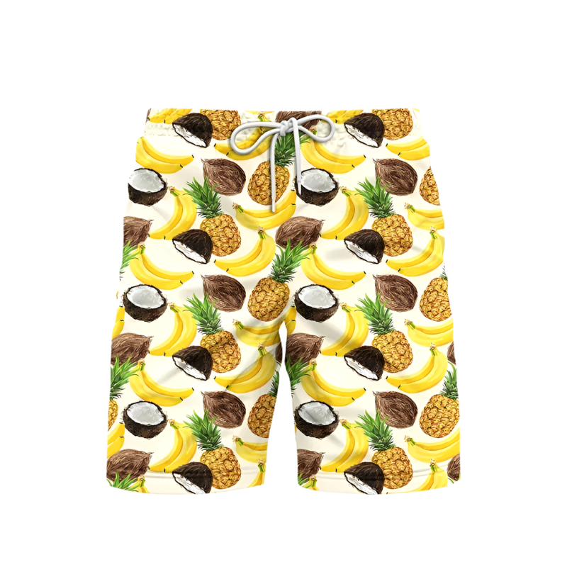 3D Pineapple Print Swim Trunks for luxury adult resorts, featuring vibrant tropical pattern on premium board shorts