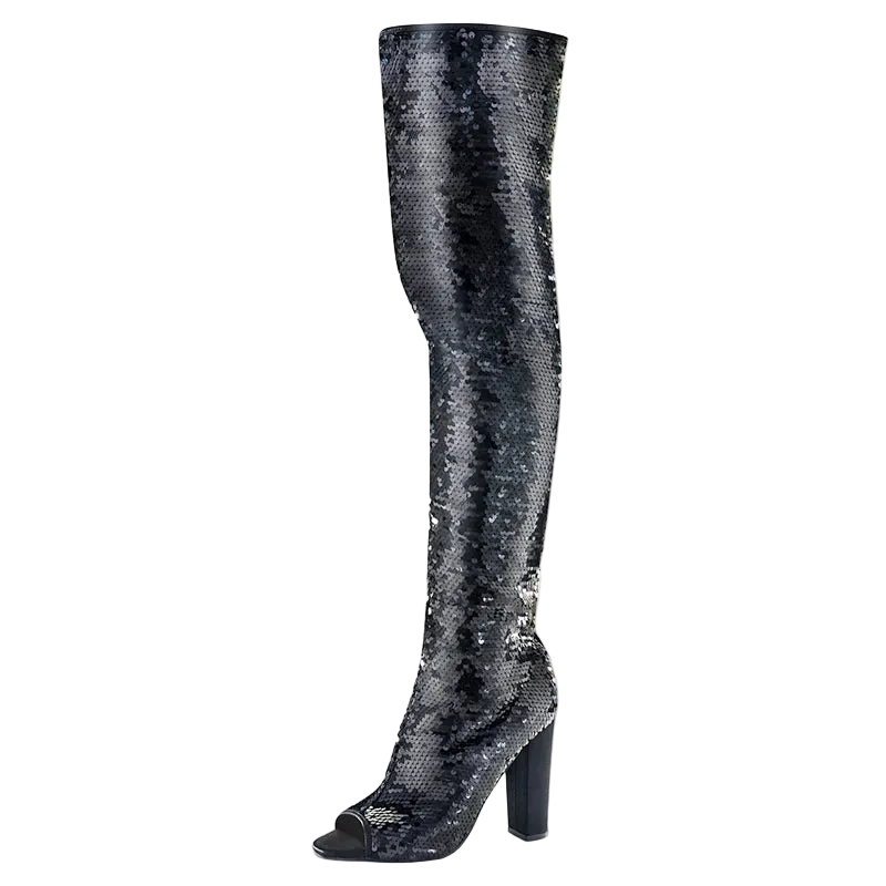A single over-the-knee high-heeled boot covered in dark gray and silver sequins, shown on a plain white background 