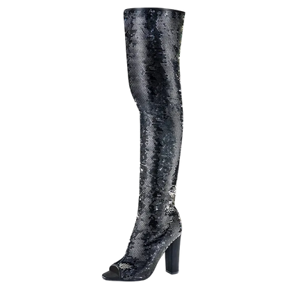 A single over-the-knee high-heeled boot covered in dark gray and silver sequins, shown on a plain white background 