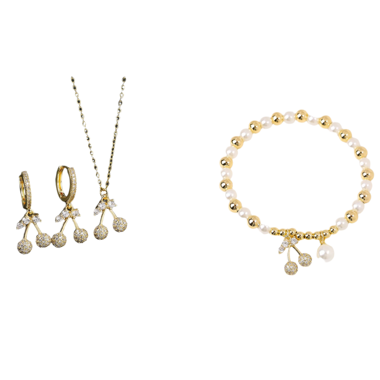 Gold jewelry set including necklace, earrings, and bracelet on a white background