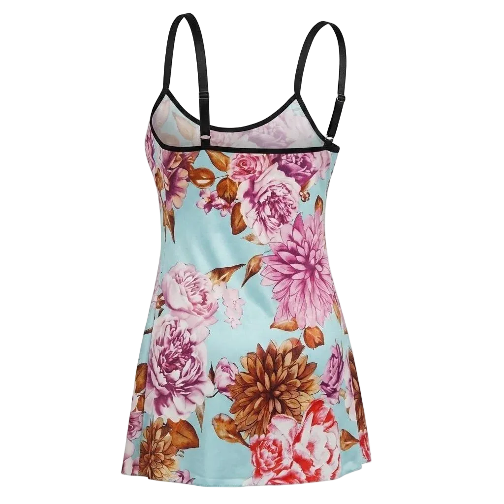 A women's camisole-style nightgown with a light blue background and a large floral print in pink, red, and brown, featuring thin black shoulder straps and black trim.