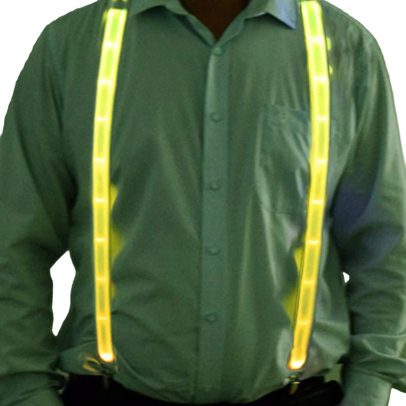 Person wearing a green shirt with yellow reflective suspenders against a green background