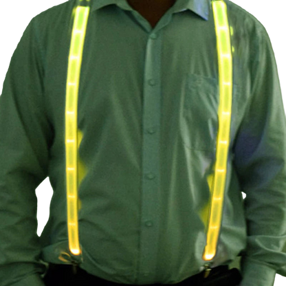 Person wearing a green shirt with yellow reflective suspenders against a green background